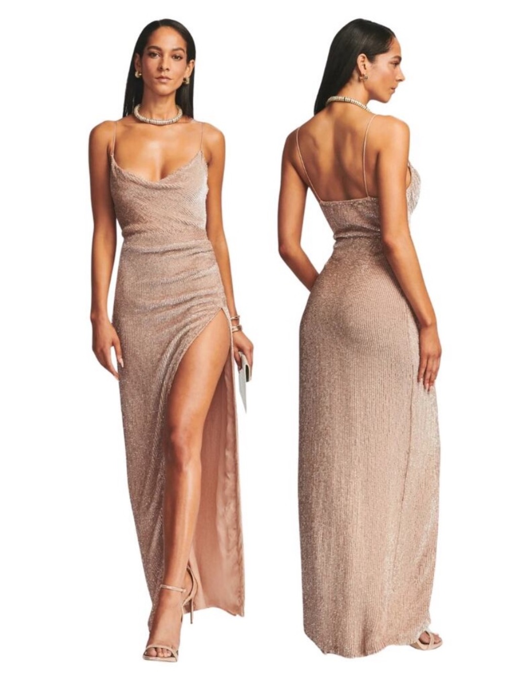 Retrofete Rose Gold Sequin Cowl-Neck Maxi Dress with High Slit